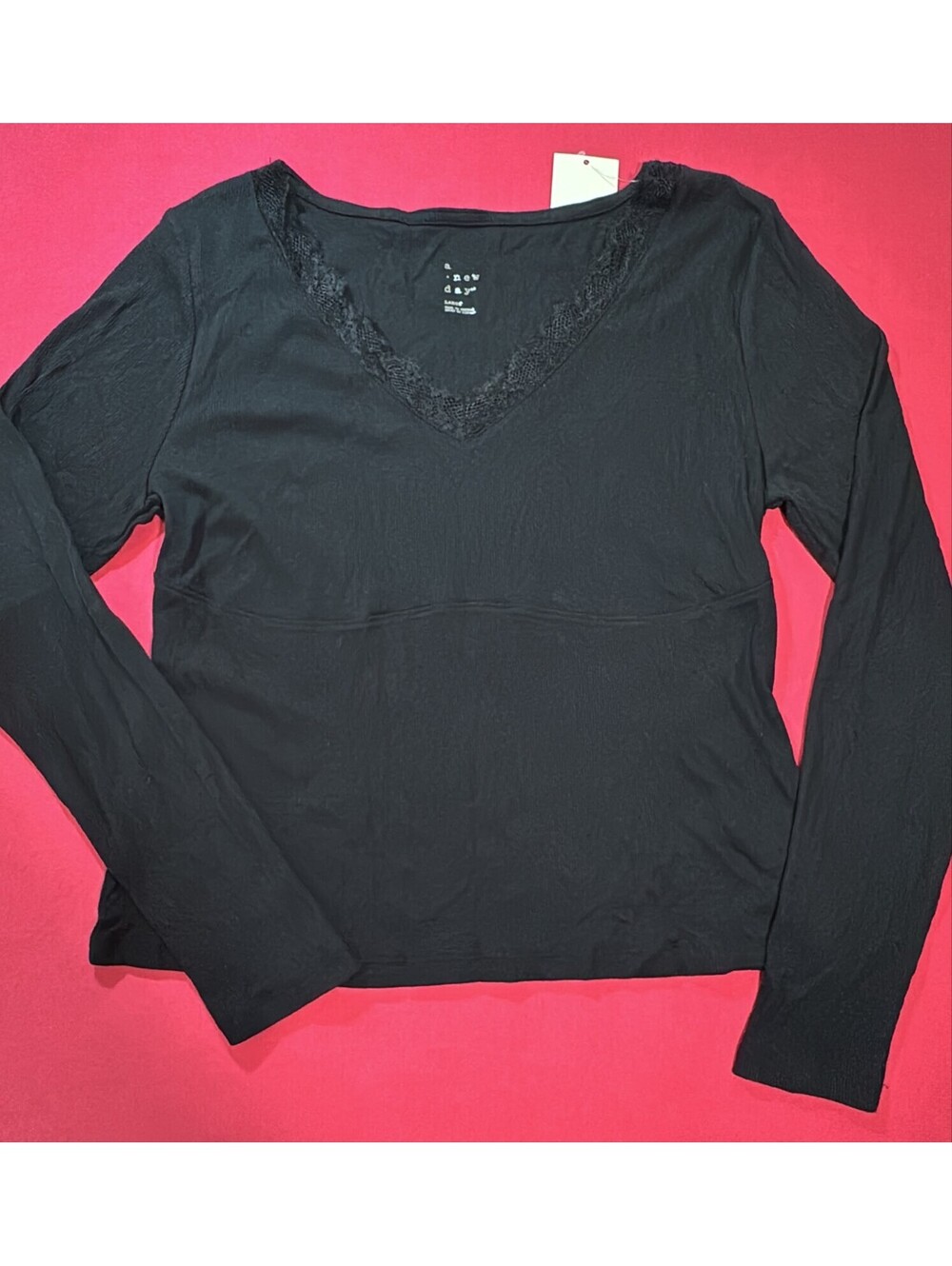 A New Day Black Lace Trim Ribbed Long Sleeve Top Size L New